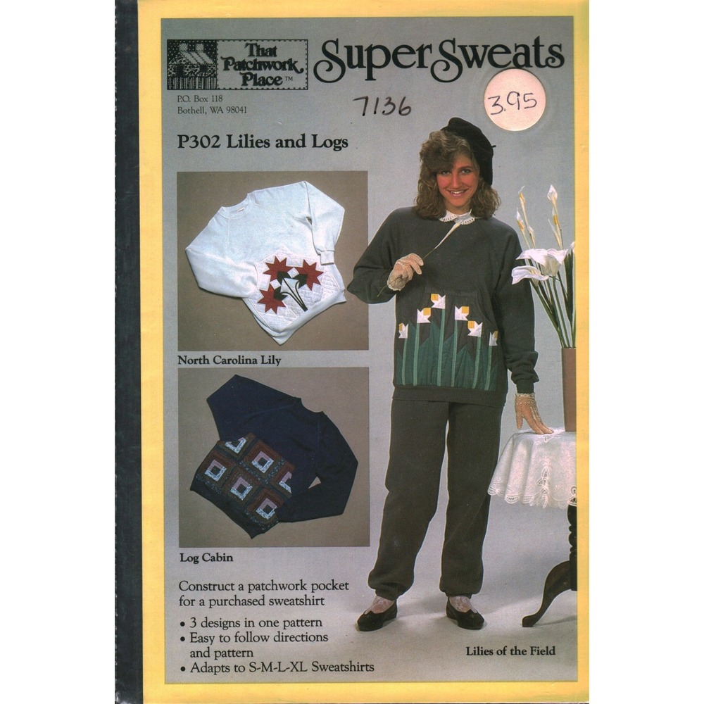 Vintage 1987 That Patchwork Place SuperSweats Pattern P302 Lilies and Logs S-XL